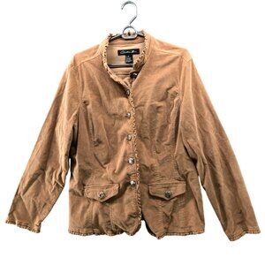 Christiana Zinn Corduroy Jacket Womens 1X Tan Camel Button Ruffle Trim Collar
